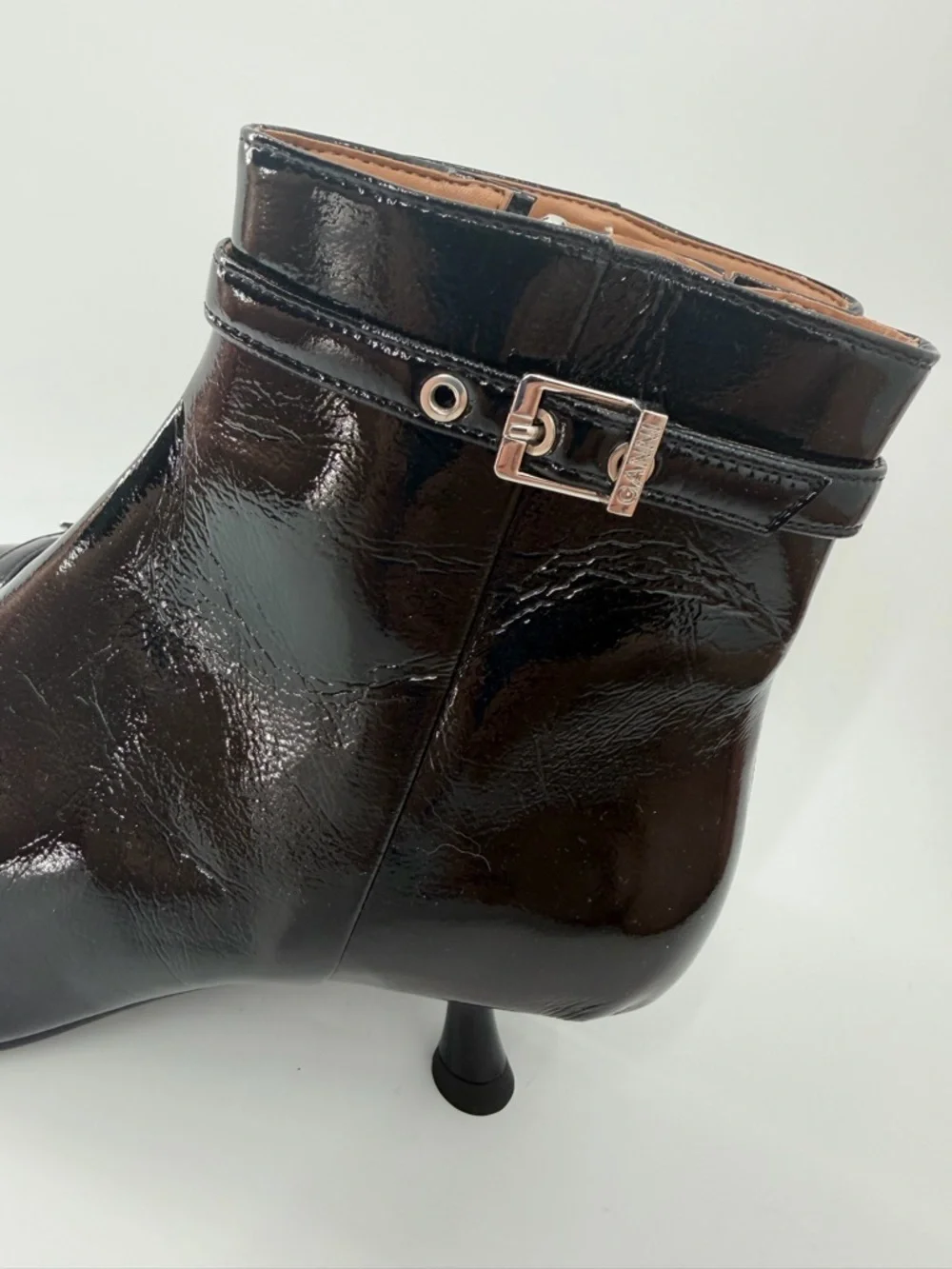 Ganni Black Eyelets Buckled Vinyl Leather Pointed Toe Kitten Heel Ankle Boots